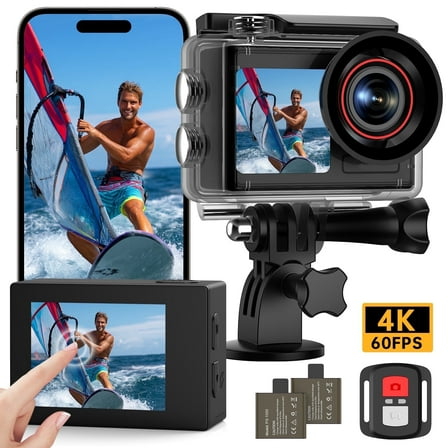 Action Camera 4K 60FPS 30MP with Front LCD and Rear Touchscreen, Underwater Camera 132FT Waterproof with 64GB Card,EIS,5X Zoom, 2.4G Wifi Remote Control,Vlog Cam,Dual Batteries,Mount Kit