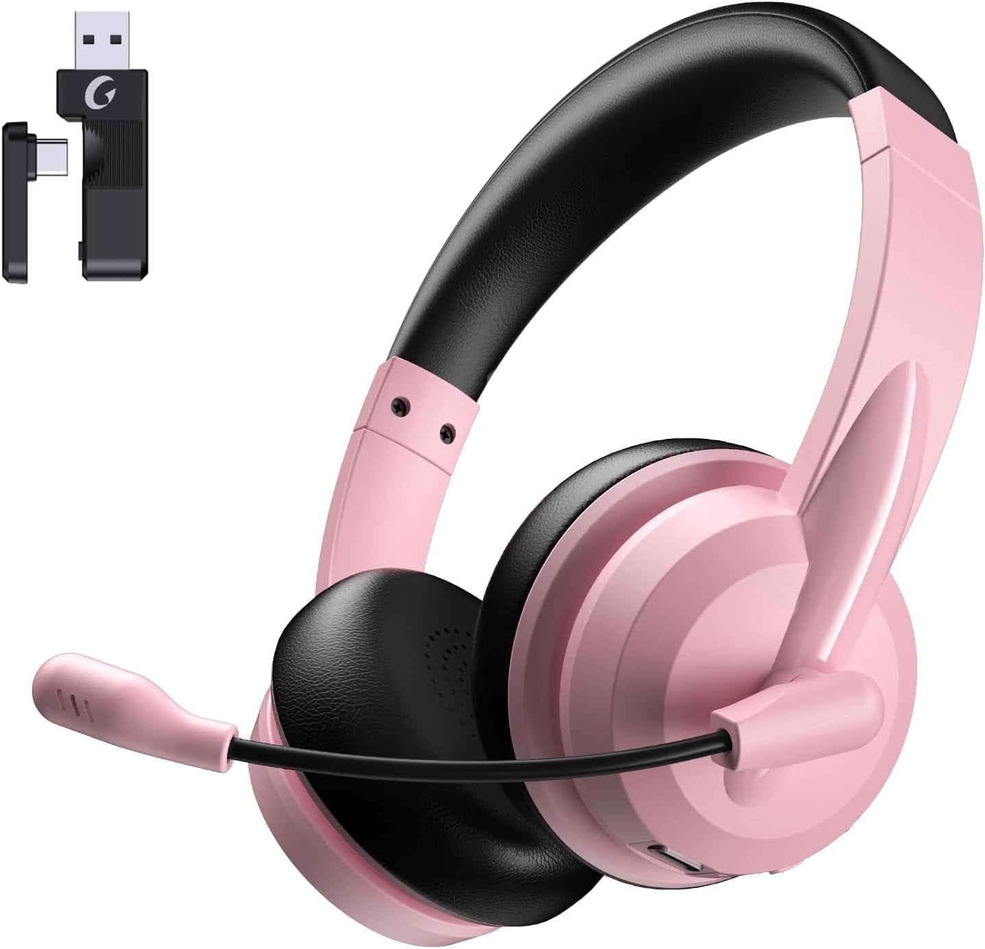 Froura 2.4GHz Wireless Headset with Microphone for Work with AI Noise Cancelling & Mic Mute, Bluetooth V5.3 Headphones with Microphone for Computer, Mac, Laptop, Phone, Zoom, Call Center - Pink