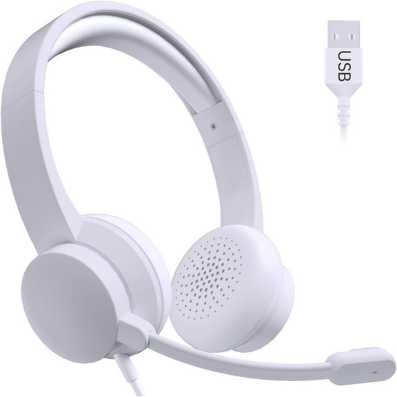 Wired Headphones with Mic, USB Headset with Microphone for PC, Noise Cancelling Microphone for Video Meetings, Music, Gaming, White