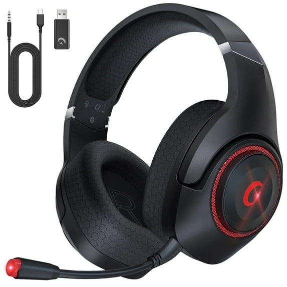 Froura Wireless Gaming Headsets for PS5 PC Switch PC with Bluetooth 5.2, 2.4 GHz USB Gaming Headphones with Detachable Microphone,Black&Red