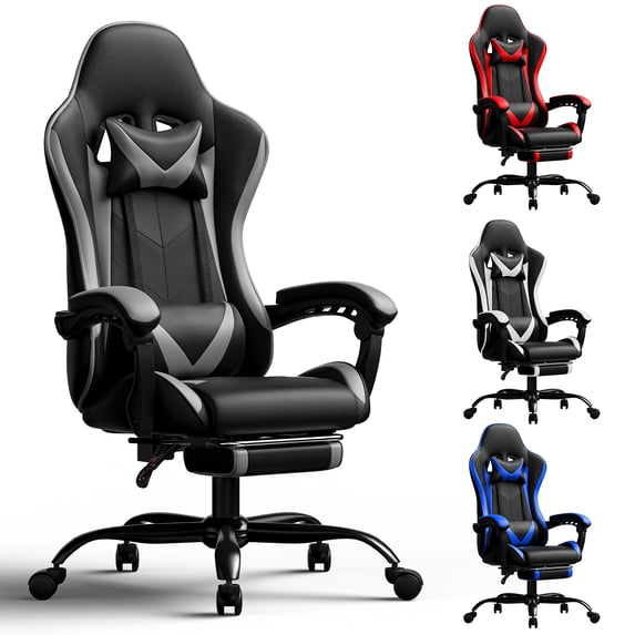 Frovlni Ergonomic Gaming Chair for Adults with Footrest, Reclining High Back PU Leather Office Computer Chair, Height Adjustable Headrest & Lumbar Support, Black & Gray
