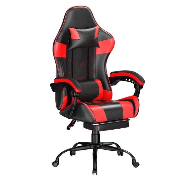 Frovlni Ergonomic Gaming Chair with Footrest for Adults, Height Adjustable High Back Reclining PU Leather Office Chair with Headrest and Lumbar Support, Black & Red
