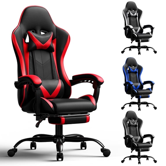 Frovlni Ergonomic Gaming Chair for Adults with Footrest, Reclining High Back PU Leather Office Computer Chair, Height Adjustable Headrest & Lumbar Support, Black & Red
