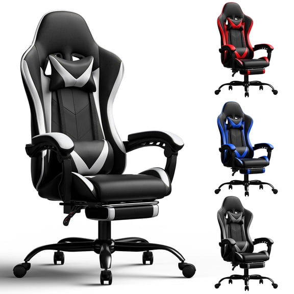Frovlni Ergonomic Gaming Chair for Adults with Footrest, Reclining High Back PU Leather Office Computer Chair, Height Adjustable Headrest & Lumbar Support, Black & White