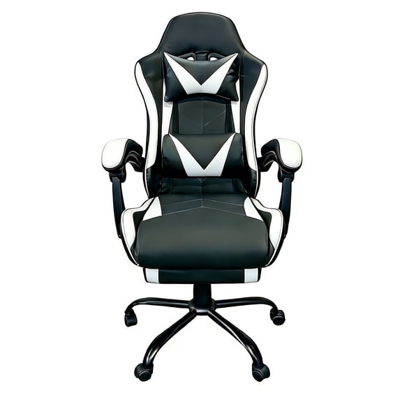 Frovlni Ergonomic Gaming Chair for Adults with Footrest, Reclining High Back PU Leather Office Computer Chair, Height Adjustable Headrest & Lumbar Support, Black & White