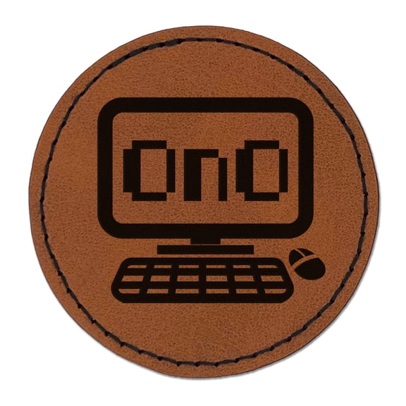 Frowning Kawaii Computer Face Emoticon 2.5" Faux Leather Round Engraved Iron-On Patch - Brown
