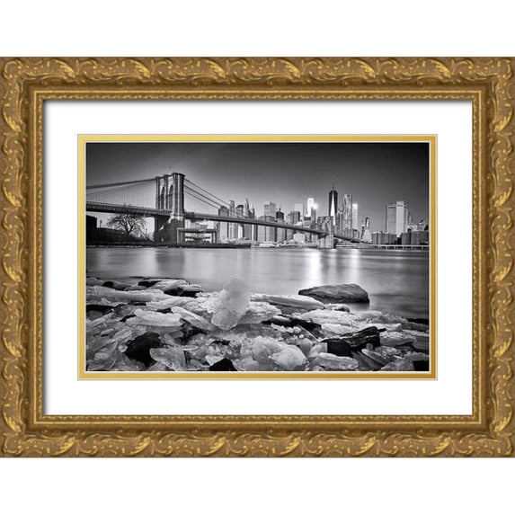 Froyda, Martin 32x23 Gold Ornate Wood Framed with Double Matting Museum Art Print Titled - New York - Brooklyn Bridge
