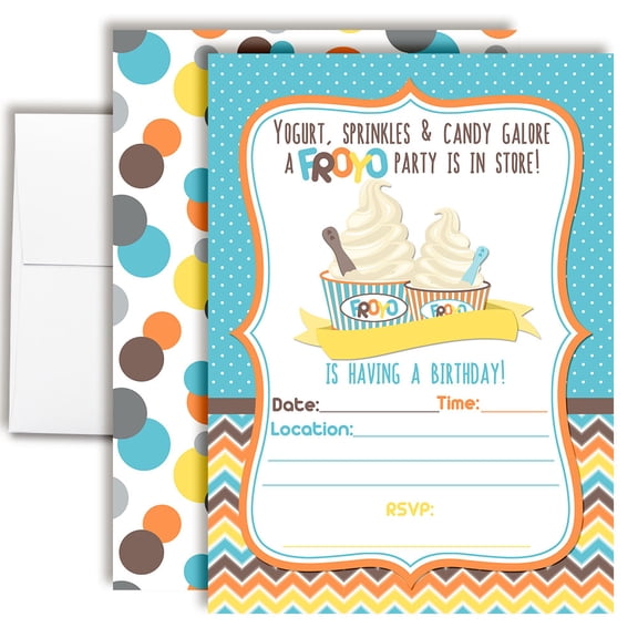 Froyo Frozen Yogurt Birthday Invitations for Kids, 20 Fill-In Cards with Envelopes, 5x7 Children's Party Invitations, Birthday Party Supplies, Made in USA by Amanda Creation