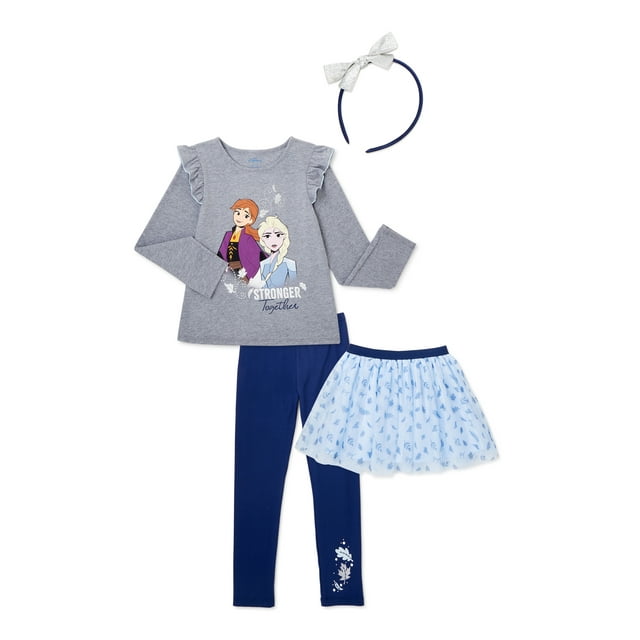 Frozen 2 Anna & Elsa Toddler Girl Long Sleeve Top, Tutu Skirt, Leggings & Headband, 4pc outfit set