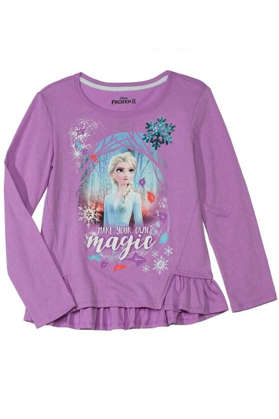 Disney Frozen Girls Elsa Make Your Own Magic Long Sleeve Ruffle Tee Shirt 14-16
