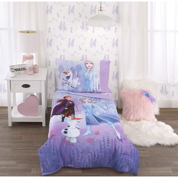 Frozen 2 Lavender, Light Blue and Purple Forest Spirit 4 Piece Toddler Bed Set - Comforter, Fitted Bottom Sheet, Flat Top Reversible Pillowcase