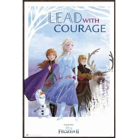 Frozen 2 - Movie Poster (Lead With Courage - Anna & Elsa & Olaf & Sven & Kristoff) (Size: 24" X 36") (Antique Copper / Gold Aluminum Frame)