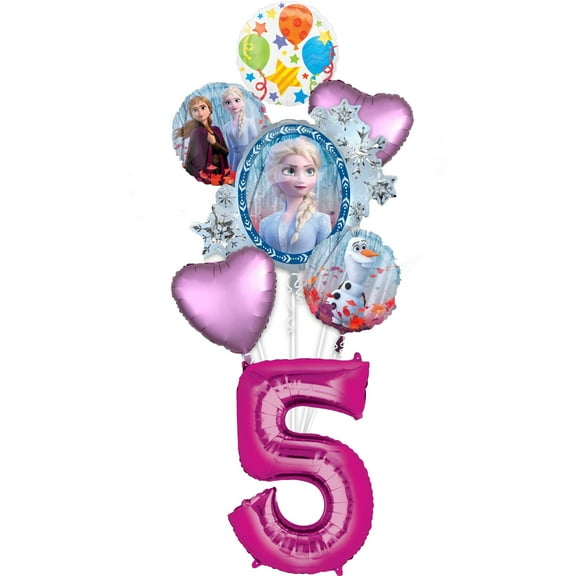 Frozen 2 Party Supplies 5th Birthday Elsa, Anna and Olaf Balloon Bouquet Decorations - Pink Number 5