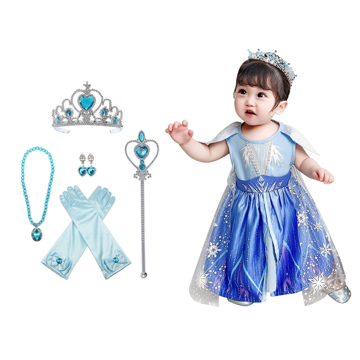 Frozen Elsa Dress Up Costume With Cosplay Accessories Crown Wand & Gloves 