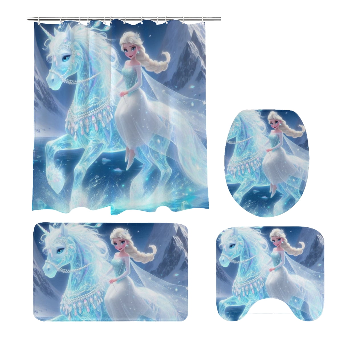 Frozen 4-Piece Shower Curtain Set with 12 Hooks with Non-Slip Rug Toilet Seat And Bath Mat for Bathroom Decor Set One Size