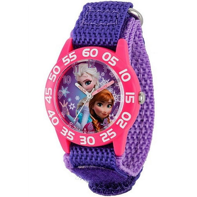 Frozen Anna & Elsa Girls' Plastic Case Watch, Purple Nylon Strap