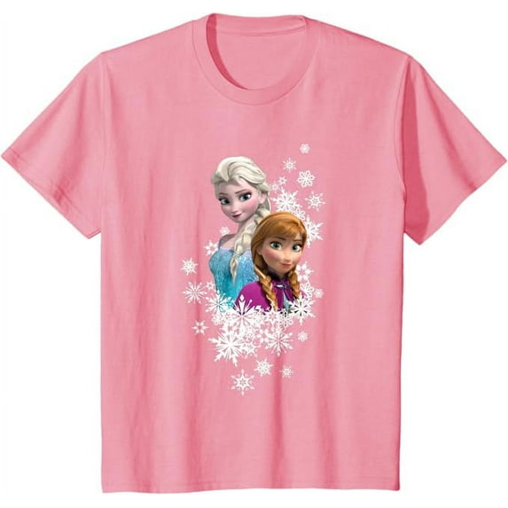 Frozen Anna and Elsa Snowflakes Short Sleeve Youth T-Shirt For Boy Girl Kids Toddler, Light Pink Color, Size S