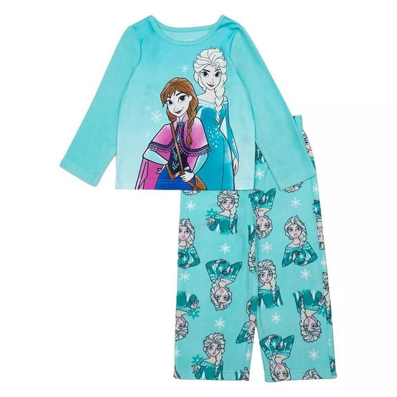 Frozen Anna and Elsa Toddler Girl's Turquoise Soft Fleece Pajama Set, Size 3T