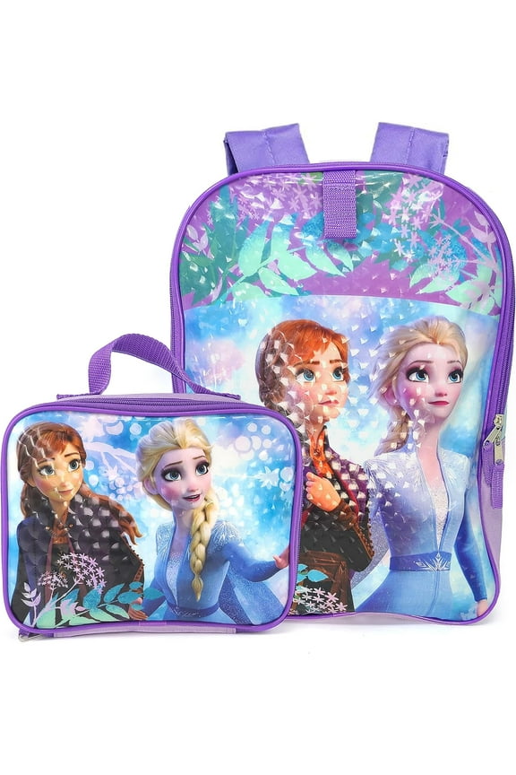 Frozen Backpack - Anna and Elsa Adjustable Backpack with Detachable Insulated Lunchbox, Violet