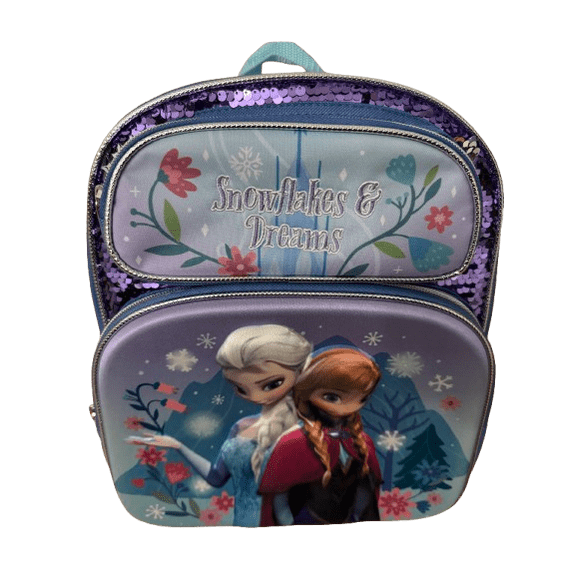 Frozen Backpack Girls School Bag, 12 x 10 x 4.5 Inch, Elsa Anna Snowflakes & Dreams, Purple/Blue Sequin,