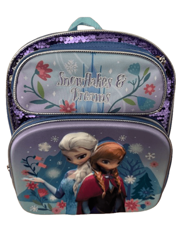 Frozen Backpack Girls School Bag, 12 x 10 x 4.5 Inch, Elsa Anna Snowflakes & Dreams, Purple/Blue Sequin,