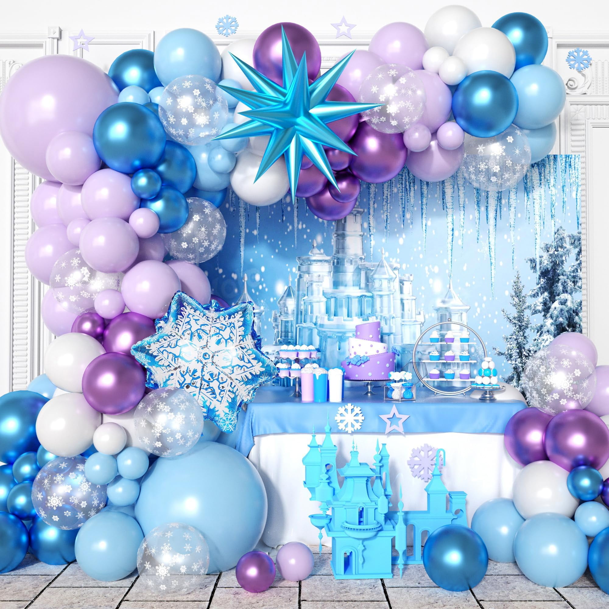 Frozen Balloon Arch Kit - 154 Piece Winter Wonderland Decor With Snowflakes