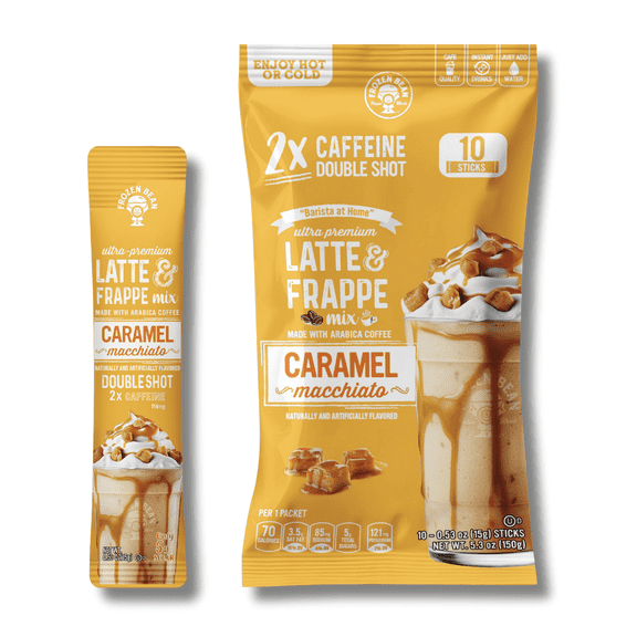 Latte & Frappe Instant Coffee Mix (10-Pack) Caramel Macchiato - Made with Arabica Coffee, x2 Double Shot Caffeine, Low Sugar, Hot, Iced or Blended Drinks