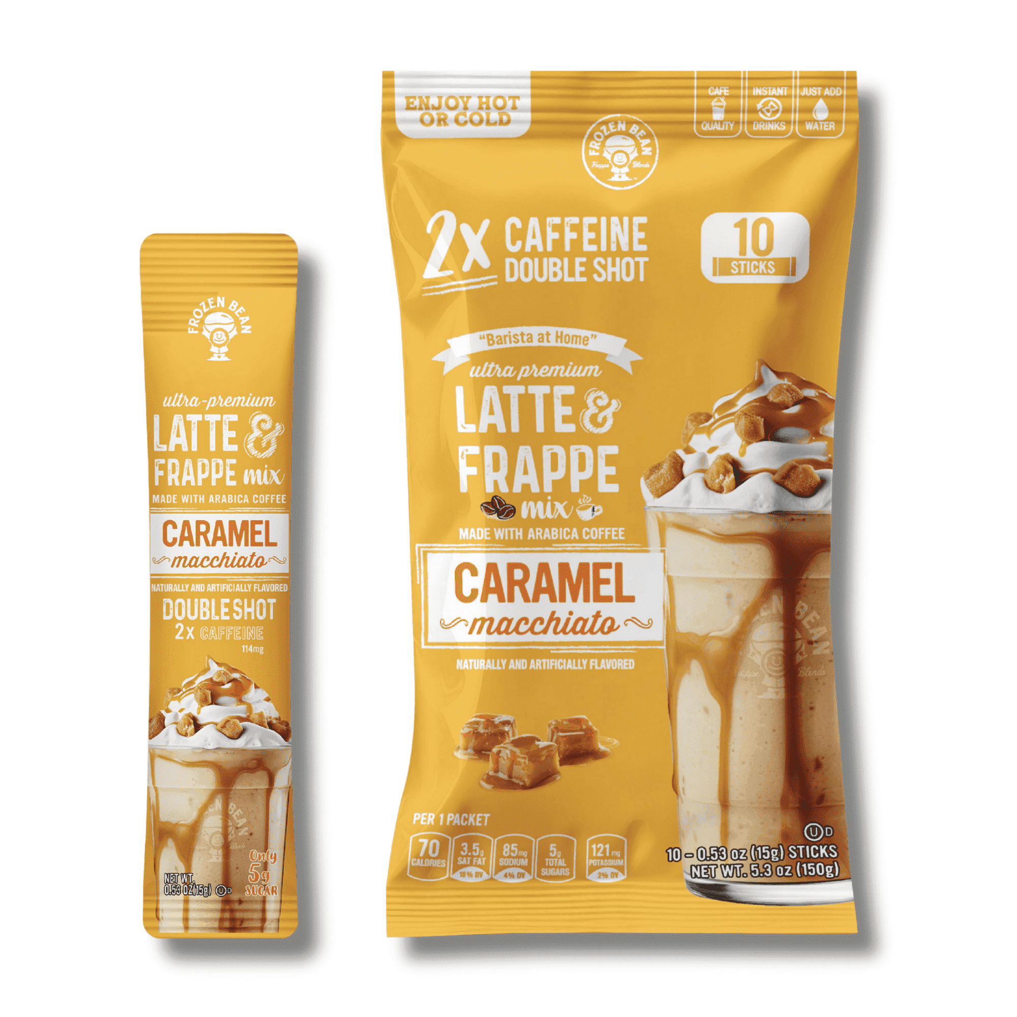 The Frozen Bean Latte & Frappe Instant Coffee Mix Caramel Macchiato Double Shot Caffeine, Low Sugar, Casein-Free, 10-Pack