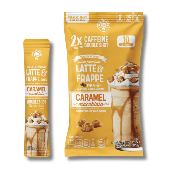 Latte & Frappe Instant Coffee Mix (10-Pack) Caramel Macchiato - Made with Arabica Coffee, x2 Double Shot Caffeine, Low Sugar, Hot, Iced or Blended Drinks