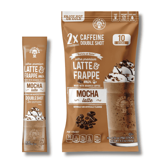 Latte & Frappe Instant Coffee Mix (10-Pack) Mocha - Made with Arabica Coffee, x2 Double Shot Caffeine, Low Sugar, Hot, Iced or Blended Drinks