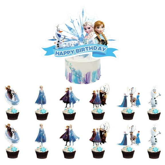 Frozen Birthday Cake Topper Set – 1 Large “Happy Birthday” Topper & 24 Coordinating Cupcake Picks, Elegant Party Decoration for Cakes, Cupcakes, and Desserts