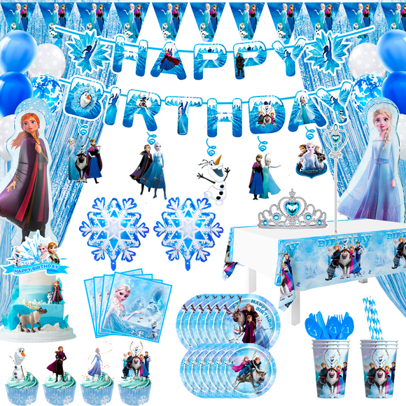 Frozen Birthday Decorations-145pcs Frozen Birthday Party Supplies Includes Frozen Plates and Cups Napkins Tablecloth Birthday Banner Balloons Hanging Swirls etc Elsa Frozen Party Supplies