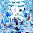 thumbnail image 1 of Frozen Birthday Decorations-135pcs Frozen Birthday Party Supplies Includes Frozen Plates and Cups Napkins Tablecloth Birthday Banner Balloons Hanging Swirls etc Elsa Frozen Party Supplies, 1 of 7