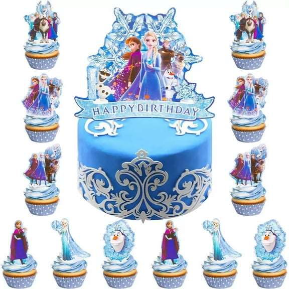 Frozen Birthday Decorations with 12pcs Cupcake Toppers, 1pcs big Cake Topper for Frozen Birthday Party Supplie
