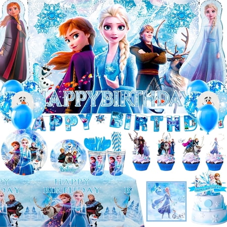 Frozen Birthday Party Supplies,124pcs Frozen Party Decorations&Tableware Set-Frozen Plates Napkins Cups Tablecloth Banner Backdrop,Frozen Balloons etc Frozen Themed Party Supplies