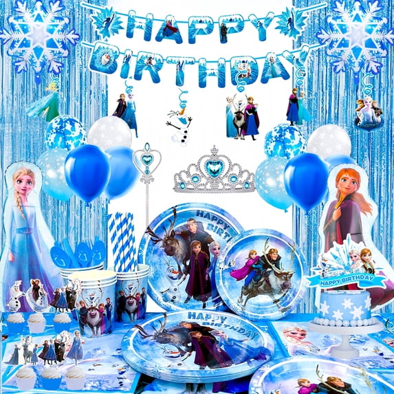Frozen Birthday Party Supplies,135pcs Frozen Party Decorations & Tableware Set- Frozen Party Plates Napkins Cups Tablecloth Balloons Banner Crown Wand etc Frozen Birthday Decorations for Girls