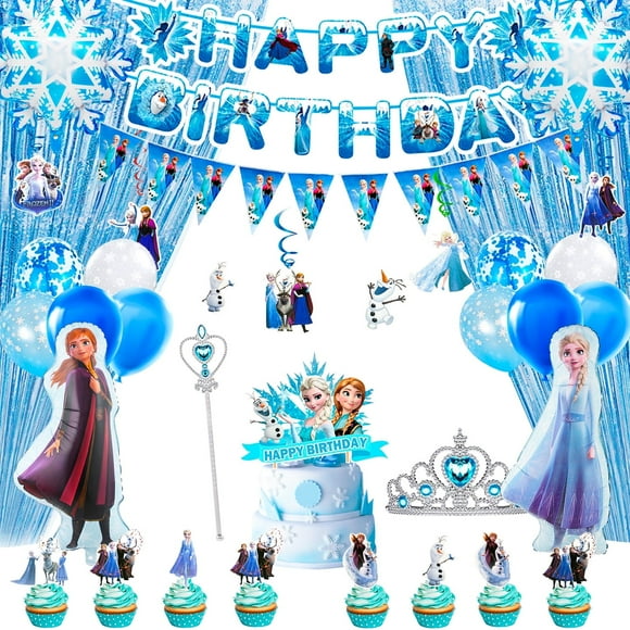 Frozen Birthday Party Supplies-63pcs Frozen Party Decorations Include Frozen Balloon,Elsa Foil Balloon Snowflake Balloons Banner Cupcake Toppers Crown Tiara and Wand ect for Girl