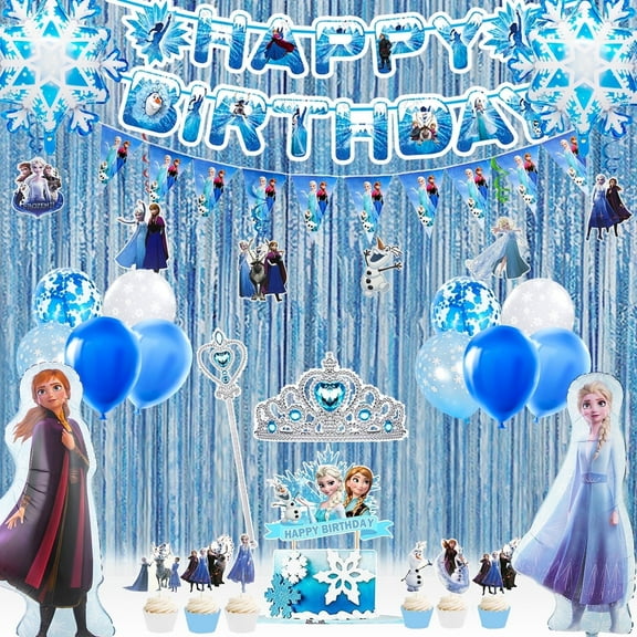 Frozen Birthday Party Supplies-63pcs Frozen Party Decorations Set-Frozen Balloon,Elsa Foil Balloon,Snowflake Balloons Banner Cake Toppers Crown Tiara Wand etc Elsa Frozen Decorations for Girls Party