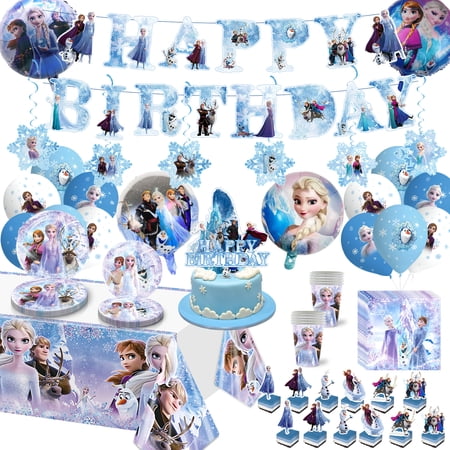 Frozen Birthday Party Supplies, Frozen Party Decorations Includes Banners, Balloons, Paper Plates, Napkins, Paper Cups, Hanging Swirls, Tablecloth