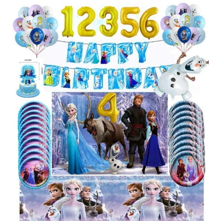 Frozen Birthday Party Supplies for Girls,Frozen Birthday Party Decorations Include Backdrops Banner,Frozen Balloons,Plates,Sticker,Cupcake Toppers,Tablecloth.