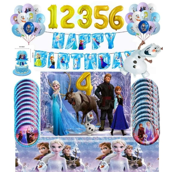 Frozen Birthday Party Supplies for Girls,Frozen Birthday Party Decorations Include Backdrops Banner,Frozen Balloons,Plates,Sticker,Cupcake Toppers,Tablecloth.