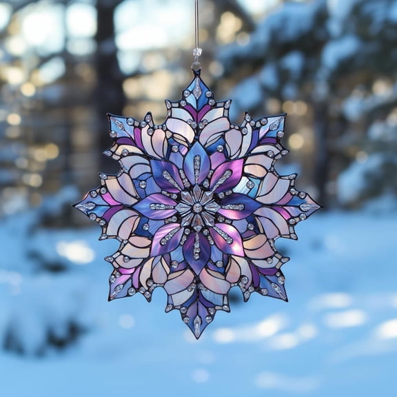 Frozen Crystal Snowflake Faux Stained Glass Suncatcher, Blue Acrylic Winter Window Decor Ornament