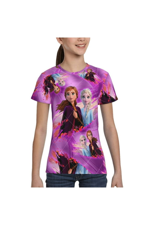 Frozen-Elsa&Anna Girls Shirts,Cool 3D Graphic Short Sleeve Tee Shirt Tops 6-16 Years,S