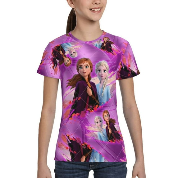 Frozen-Elsa&Anna Girls Shirts,Cool 3D Graphic Short Sleeve Tee Shirt Tops 6-16 Years,XS