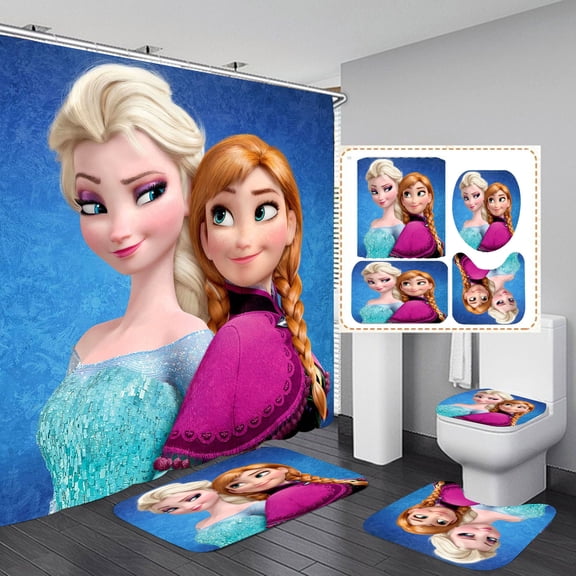 Frozen Elsa Anna Shower Curtain Bathroom 4 Pieces Set Toilet Lid Cover and Bath Mat, Non-Slip Rugs Durable and Waterproof, for Bathroom Decor Set, 72" x 72"