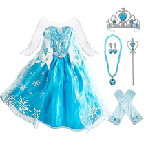 Frozen Elsa Dress Up Costume With Cosplay Accessories Crown Wand & Gloves
