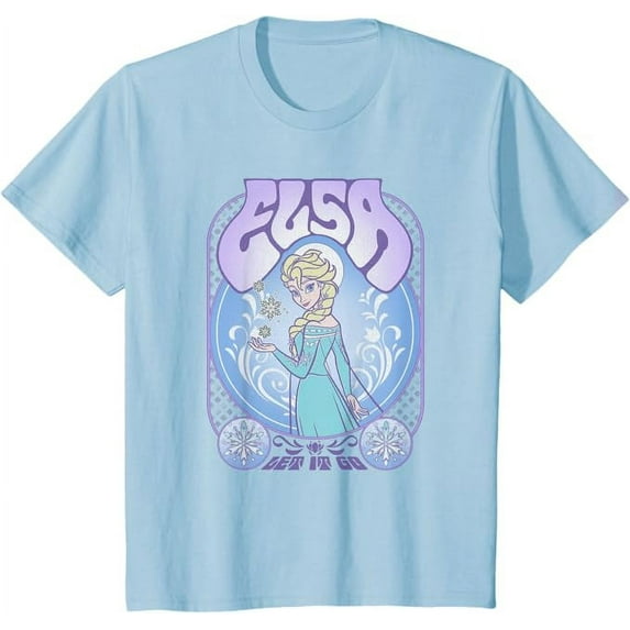 Frozen Elsa Let It Go Seventies Retro Poster Short Sleeve Youth T-Shirt For Boy Girl Kids Toddler, Light Blue Color, Size L