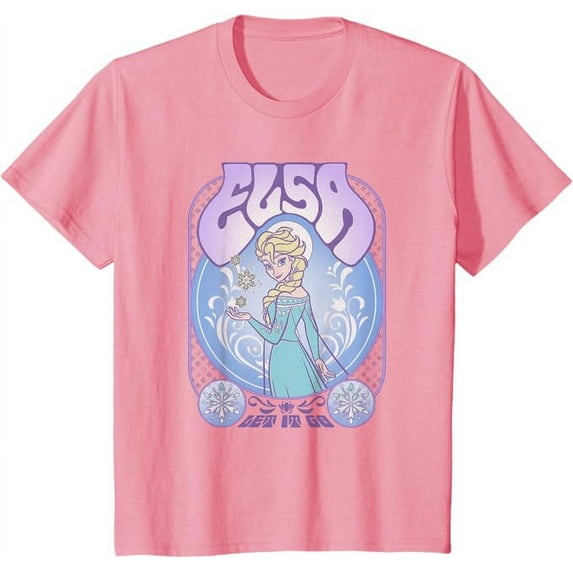 Frozen Elsa Let It Go Seventies Retro Poster Short Sleeve Youth T-Shirt For Boy Girl Kids Toddler, Light Pink Color, Size XS