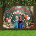thumbnail image 1 of Frozen Elsa and Princess Anna Birthday Party Background - a vibrant forest scene with balloons, flowers and a "Happy Birthday" banner - perfect for indoor/outdoor celebrations, 1 of 5