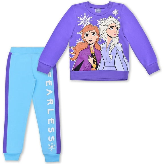 Frozen Elsa and Anna Girls 2 Piece Crewneck Character Long Sleeve and Jogger Set, 4-6X